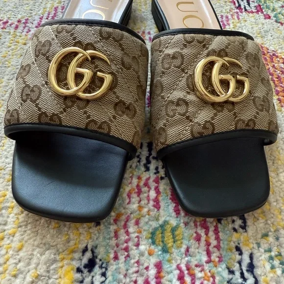 Gucci Women's Tan GG Logo Mules with Gold Accent - Picture 8 of 13